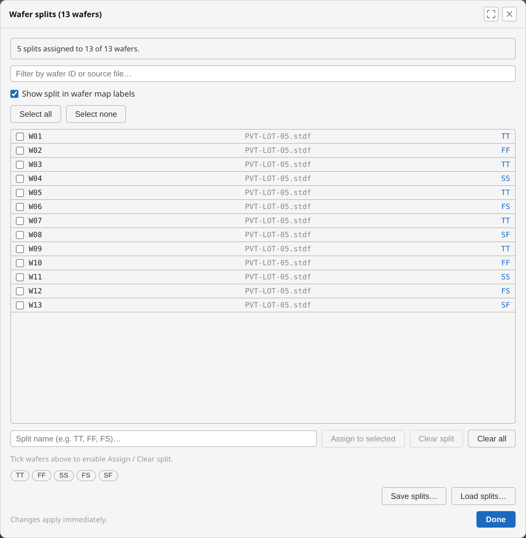 Splits dialog after loading a corner-lot split definition