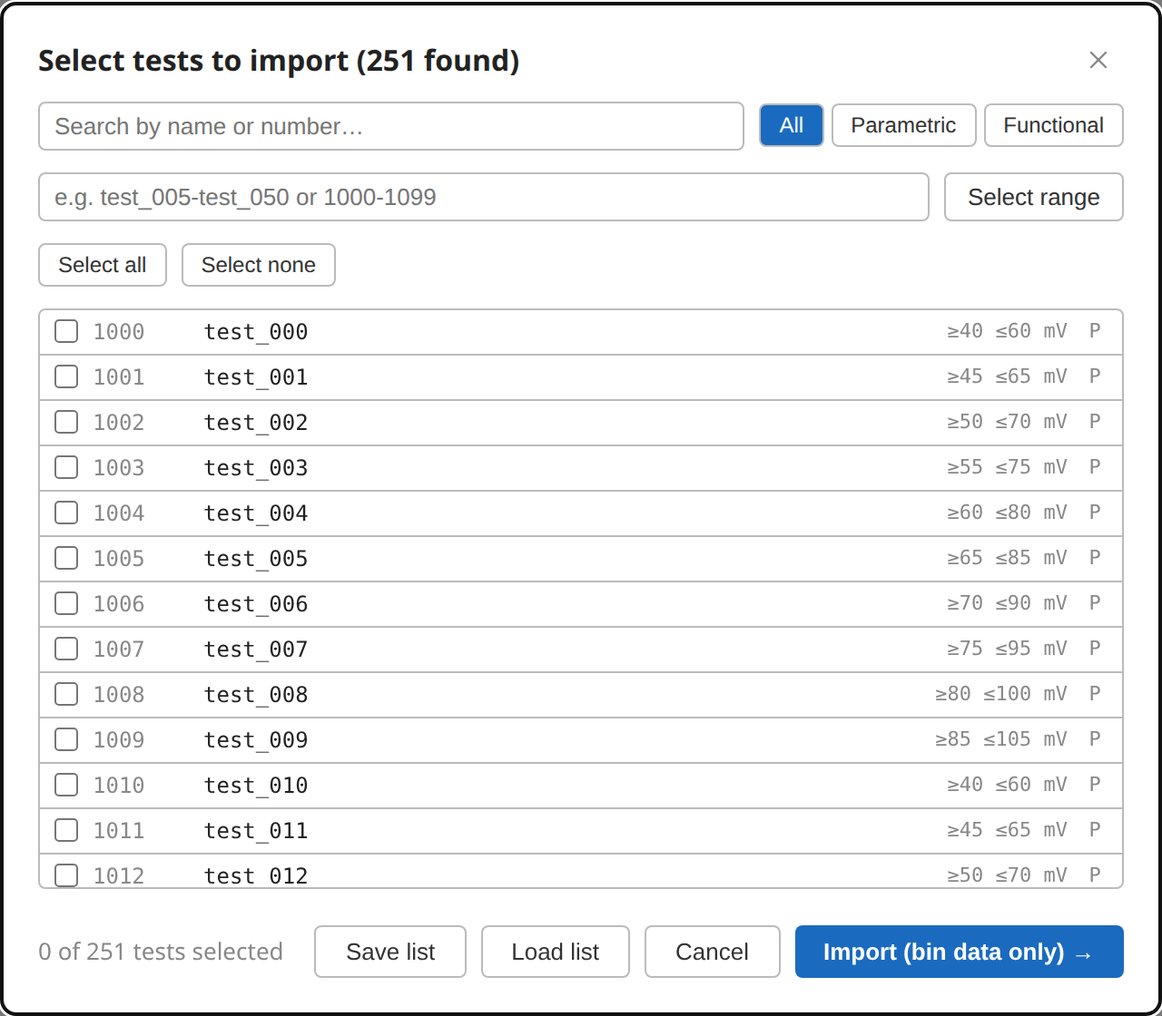 Test selector overlay — search, type filter, range select, and the test list
